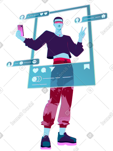 Young man with a phone publishing a post on a social network PNG, SVG