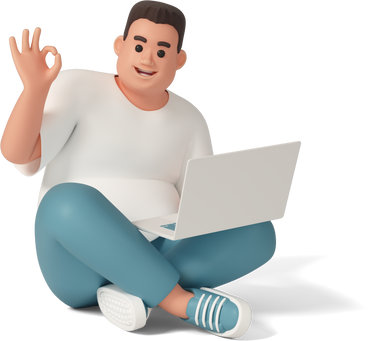 Happy man with laptop showing ok hand sign в PNG, SVG