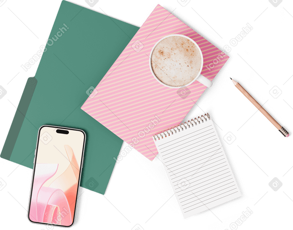 3D Vue de dessus d'un dossier, d'un smartphone, de deux cahiers, d'une tasse de café et d'un crayon PNG, SVG