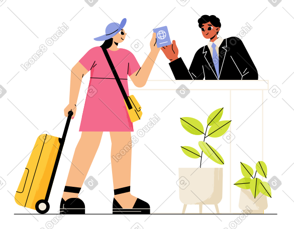 在酒店接待处办理入住手续的女士 PNG, SVG