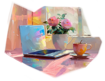 Картина маслом, композиция с ноутбуком и чашкой кофе. в PNG, SVG