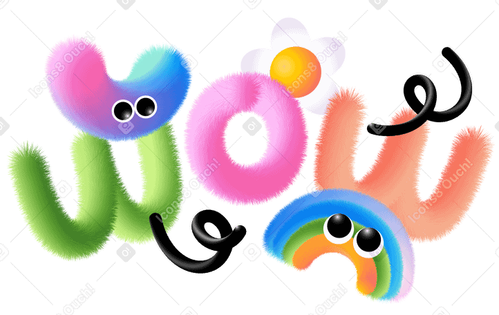 Schriftzug „wow“ mit flauschigem regenbogen- und bogentext PNG, SVG