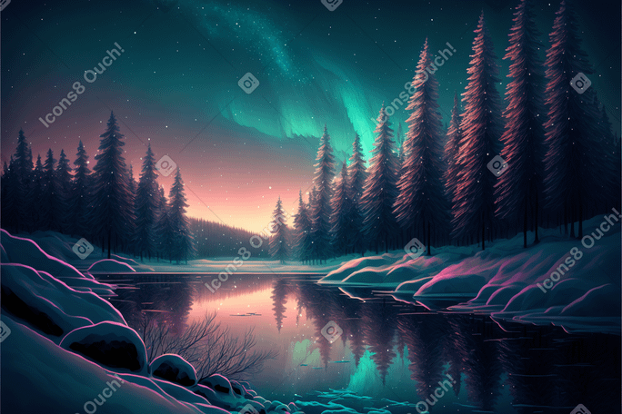 3D winter forest near the lake background PNG, SVG