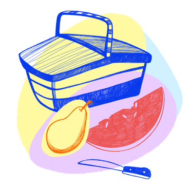 Picnic outdoors with a wicker basket and fruit PNG, SVG