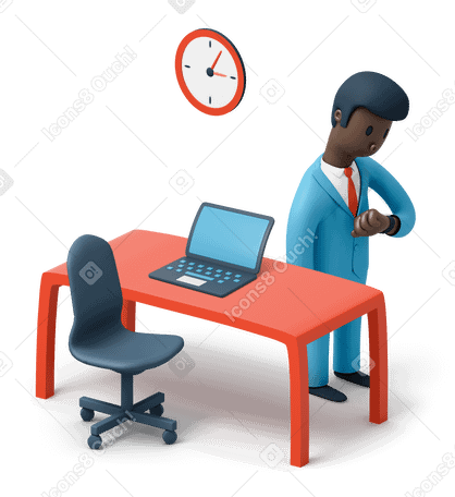 3D Черный офисный работник смотрит на часы на руке в PNG, SVG