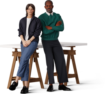 man and young woman leaning on desk and smiling PNG, SVG