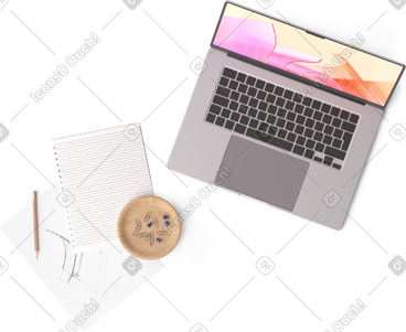 Top view of laptop, two sheets of paper, cup of tea, pencil and pins PNG, SVG