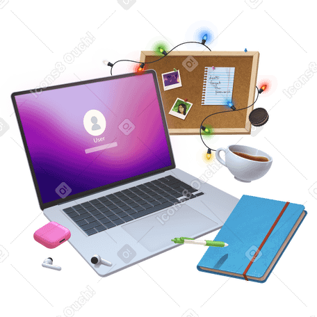 Домашний офис с ноутбуком и доской объявлений в PNG, SVG