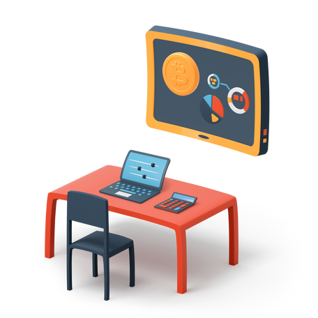 3D Work place with laptop on the table and presentation board on the wall PNG, SVG