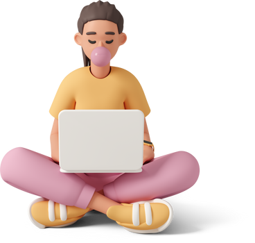 Giovane donna seduta con il computer portatile sulle gambe e che soffia gomma da masticare PNG, SVG