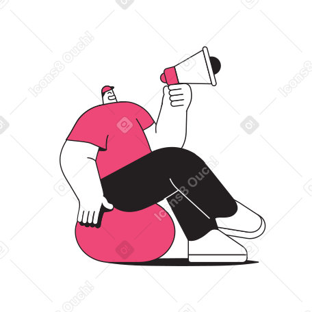 Man promoter sitting on exercise ball and shouting into megaphone Illustration in PNG, SVG