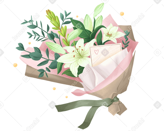 精致的花束，配有白色百合花，采用工艺粉色包装纸 PNG, SVG