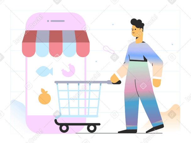 Man coming to online shop in a phone with shopping cart PNG, SVG