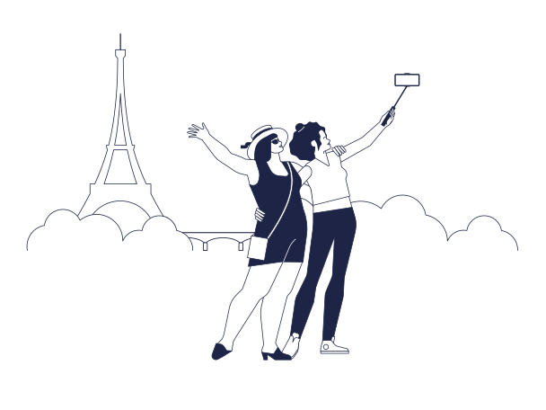Couple of female tourists take selfies against background of Eiffel Tower and bridge Illustration in PNG, SVG