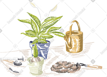 Flower pots, tools for planting on the table PNG, SVG