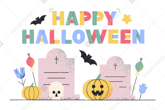 Schriftzug happy halloween mit grabsteinen und kürbissen PNG, SVG