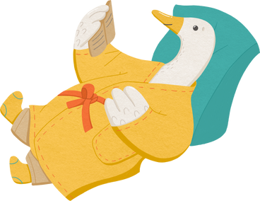 goose is lying on a pillow in a yellow robe and reading book PNG、SVG