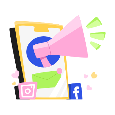 Illustrazione animata Mobile marketing con megafono, nuovo messaggio e icone dei social network in GIF, Lottie (JSON), AE