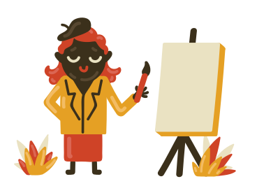 Woman with paintbrush next to blank canvas PNG, SVG