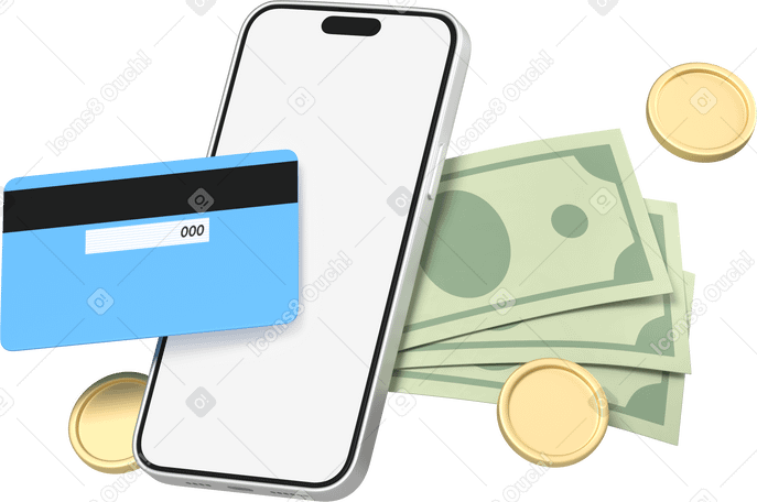 3D mobile credit card and money Illustration in PNG, SVG