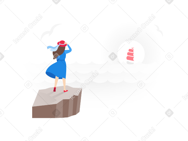 一个穿着蓝色连衣裙的女人站在悬崖上 PNG, SVG