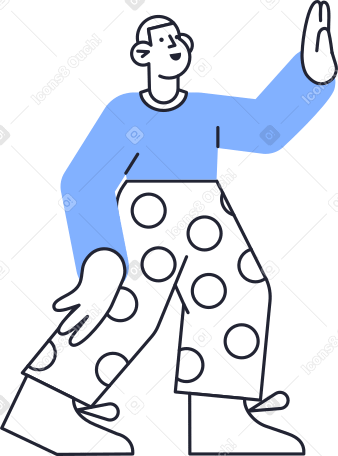 man in blue sweater and polka dot pants with hand up PNG, SVG