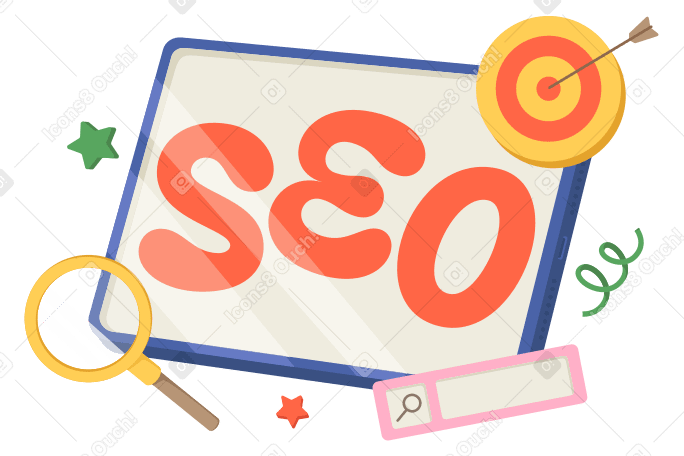Lettering SEO with target, search bar and magnifying glass text PNG, SVG