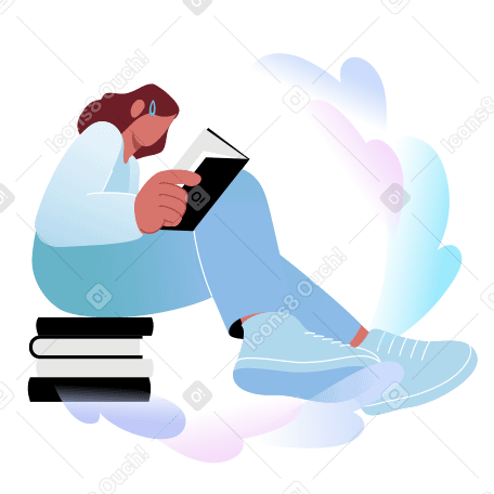 책더미 위에서 독서하는 소녀 PNG, SVG