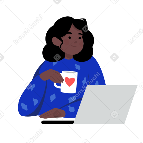 Girl at her laptop with a mug of coffee PNG, SVG