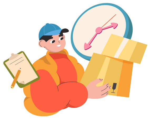 Courier with a watch, a tablet and a pencil delivers the boxes on time Illustration in PNG, SVG