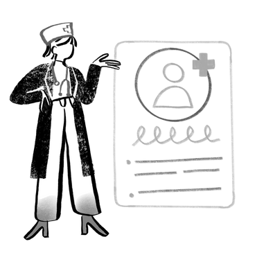 Black and white doctor looking at patient`s card PNG, SVG