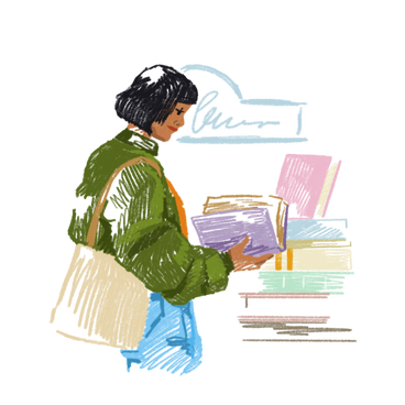Молодая женщина выбирает книгу в магазине в PNG, SVG