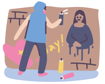 Man in a mask and a hood spraying graffiti on a brick wall в PNG, SVG