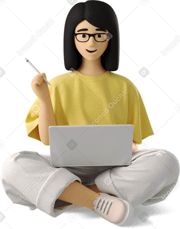 3D young woman sitting with laptop and stylus PNG, SVG