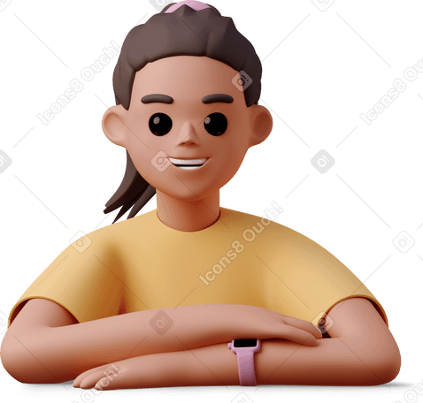 3D young woman smiling and leaning on her hand Illustration in PNG, SVG