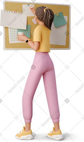 3D young woman pinning picture on corkboard PNG, SVG