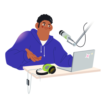 노트북으로 팟캐스트를 녹음하는 남자  PNG, SVG