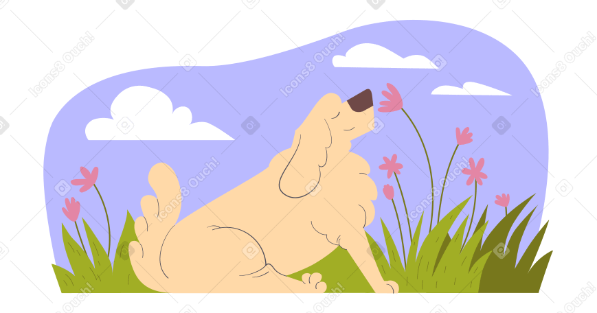 El perro disfruta de la naturaleza y las flores. PNG, SVG