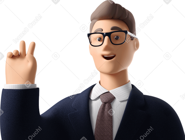 3D close up of businessman in dark blue suit with peace sign hand Illustration in PNG, SVG