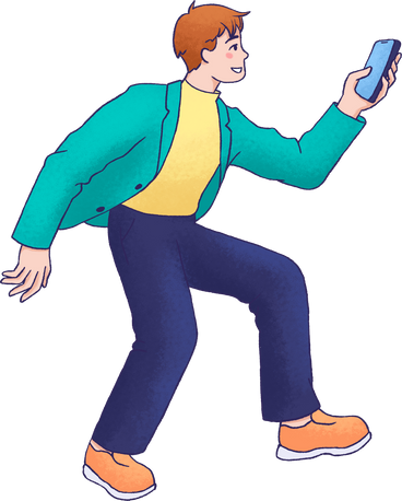 young man holding phone PNG, SVG