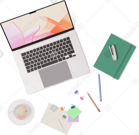 3D Вид сверху на ноутбук, блокнот, конверт, чашку кофе, степлер, ручку, карандаш и стикеры в PNG, SVG