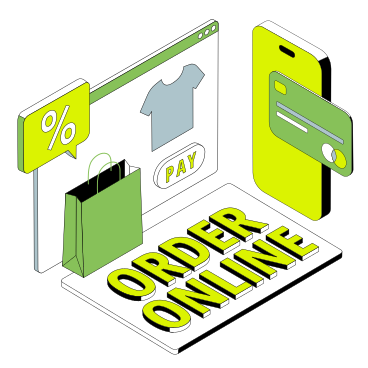 Lettering order online con segno di percentuale, borsa e testo della carta di credito PNG, SVG