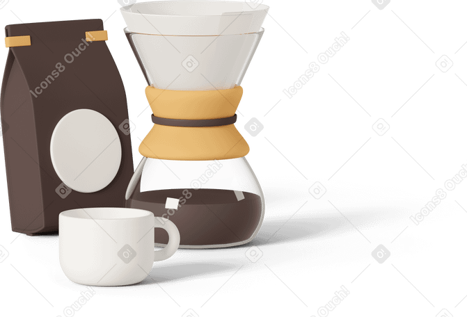 3D Чемекс с кофейным пакетиком и чашкой в PNG, SVG