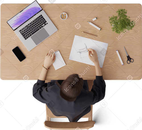3D top view of young woman sketching furniture в PNG, SVG