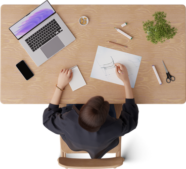 Top view of young woman sketching furniture PNG、SVG