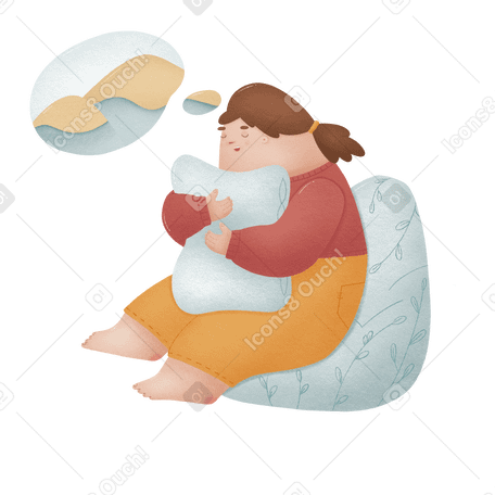 Illustration La femme s'assied étreignant un oreiller et pense à améliorer sa santé aux formats PNG, SVG