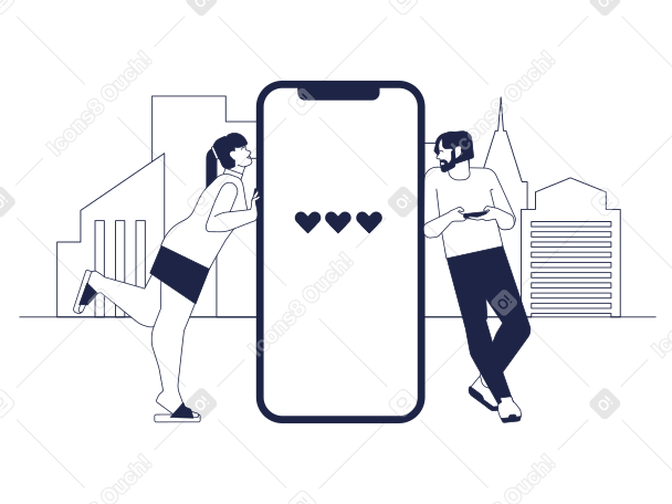 Женщина и мужчина смотрят друг на друга рядом со смартфоном на фоне города в PNG, SVG