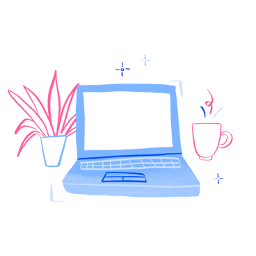 Laptop on a table with cup and a plant PNG, SVG