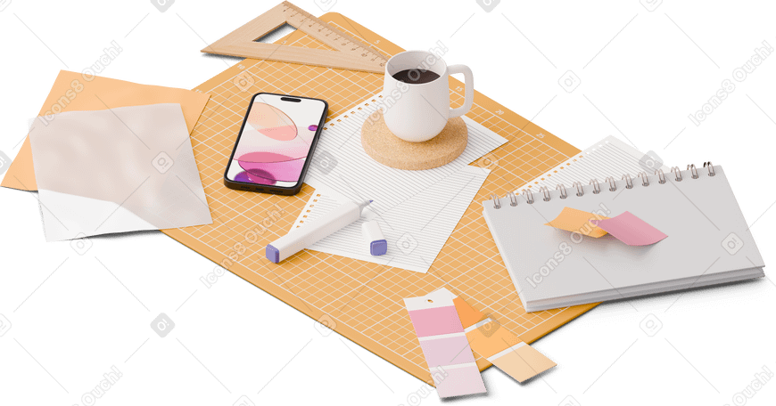3D 스마트폰, 마커 및 색상 팔레트를 갖춘 디자이너 책상의 아이소메트릭 뷰 PNG, SVG