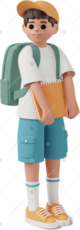 3D schoolboy with notebook and backpack Illustration in PNG, SVG